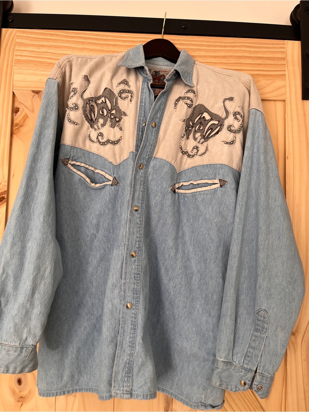 Vintage 90s Gold River Western Denim Snap Shirt Studded Horse Men’s L